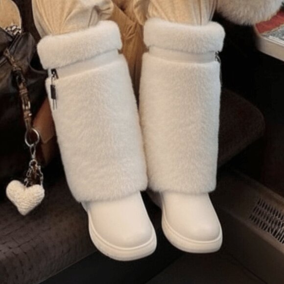 Beige Outdoor Women's Fluffy Knee Snow Boots - Picture 4 of 5